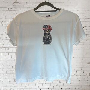 VINTAGE Y2K Patriotic Kitty Cat‎ Boxy Tee T shirt Cotton Sonoma Goods L
